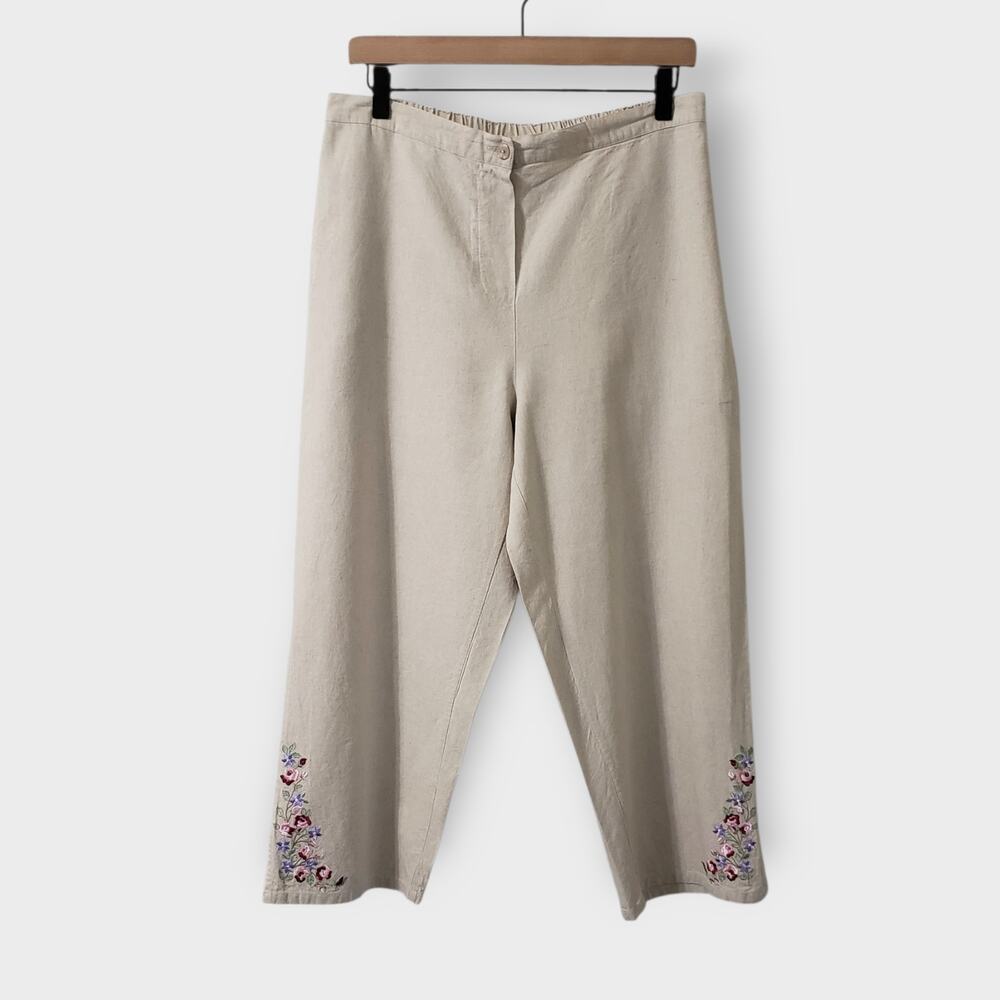 Vtg Fashion Bug Linen Blend Floral Embroidered Crop Pant Medium Neutral Tan NWOT